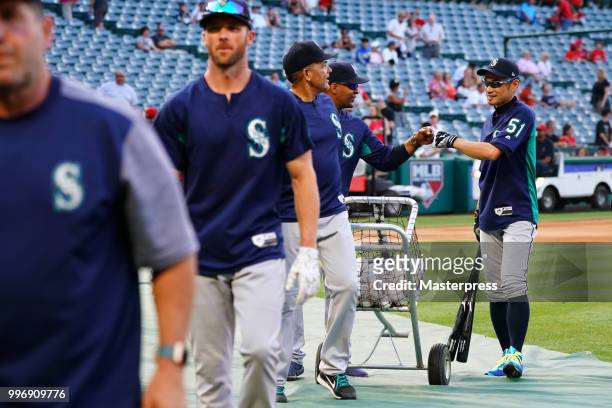Ichiro Suzuki of the Seattle Mariners smiles during the MLB game against the Los Angeles Angels at Angel Stadium on July 11, 2018 in Anaheim,...