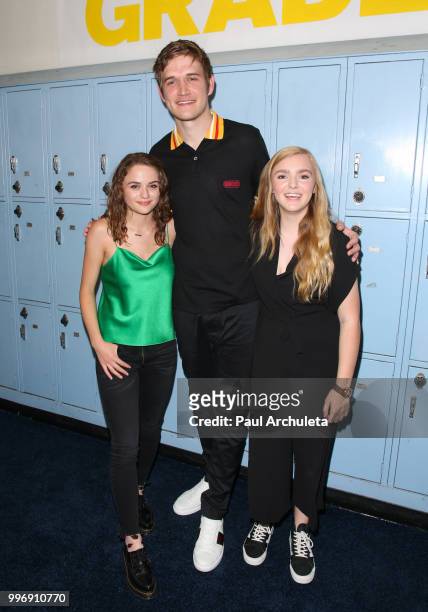 Joey King, Bo Burnham and Elsie Fisher attends the screening of A24's "Eighth Grade" at Le Conte Middle School on July 11, 2018 in Los Angeles,...