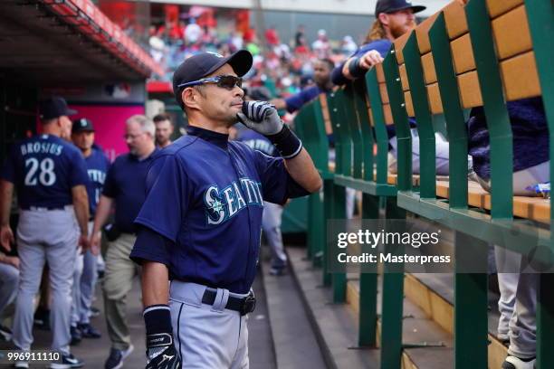 Ichiro Suzuki of the Seattle Mariners looks on during the MLB game against the Los Angeles Angels at Angel Stadium on July 11, 2018 in Anaheim,...