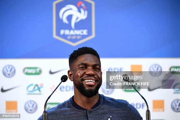 France's defender Samuel Umtiti reacts during a press conference at the press centre in Istra, west of Moscow, on July 12 ahead of their Russia 2018...