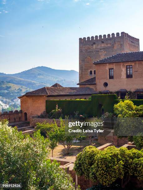 Early morning light on the Patio de Machuca and the Comares Tower at the Alhambra, a 13th century Moorish palace complex in Granada, Spain. Built on...