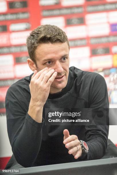 VfB Stuttgart captain Christian Gentner speaking at a press conference at the VfB club centre in Stuttgart, Germany, 4 October 2017. Gentner...