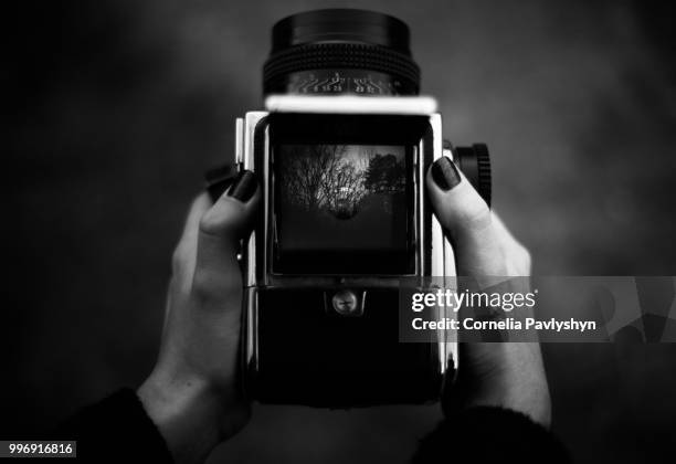 a person holding a vintage camera. - cornelia stock pictures, royalty-free photos & images