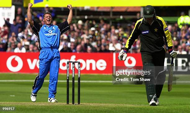 Darren Gough of England celebrates taking the wicket of Shahid Afridi of Pakistan and becoming Englands leading ODI wicket taker during the England v...