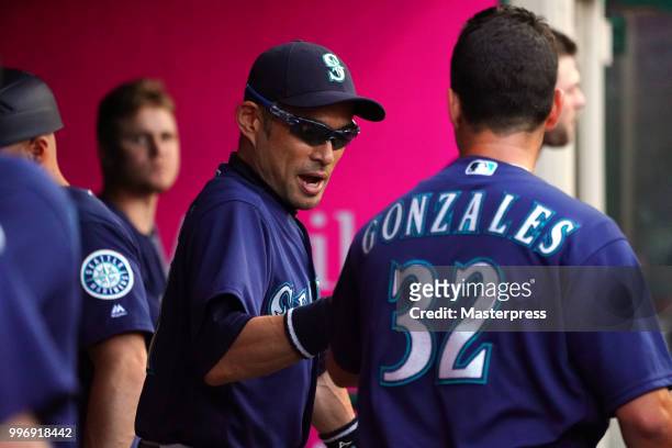 Ichiro Suzuki of the Seattle Mariners looks on during the MLB game against the Los Angeles Angels at Angel Stadium on July 11, 2018 in Anaheim,...
