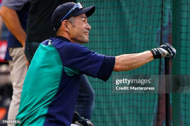 Ichiro Suzuki of the Seattle Mariners looks on during the MLB game against the Los Angeles Angels at Angel Stadium on July 11, 2018 in Anaheim,...