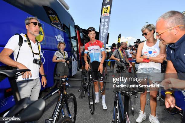 Start / Bob Jungels of Luxembourg and Team Quick-Step Floors / Stephanie Clerckx of Belgium Press Officer Team Quick-Step Floors / during 105th Tour...