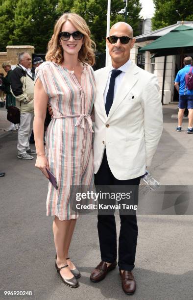 Felicity Blunt and Stanley Tucci attend day ten of the Wimbledon Tennis Championships at the All England Lawn Tennis and Croquet Club on July 12,...