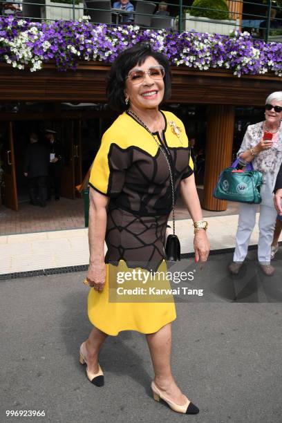 Shirley Bassey attends day ten of the Wimbledon Tennis Championships at the All England Lawn Tennis and Croquet Club on July 12, 2018 in London,...