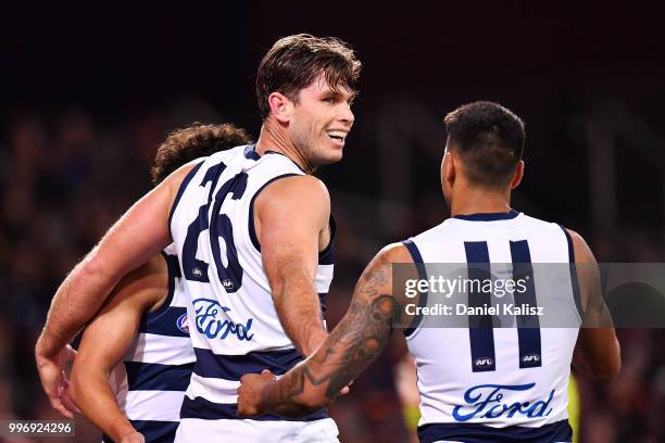 Tom Hawkins of the Cats celebrates after kicking a goal during the round 17 AFL match between the Adelaide Crows and the Geelong Cats at Adelaide...