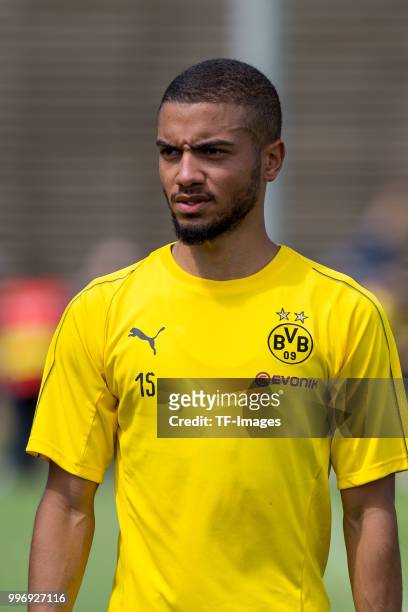 Jeremy Toljan of Dortmund looks on during a training session at BVB trainings center on July 9, 2018 in Dortmund, Germany.
