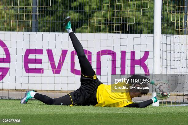 Goalkeeper Marwin Hitz of Dortmund controls the ball during a training session at BVB trainings center on July 9, 2018 in Dortmund, Germany.