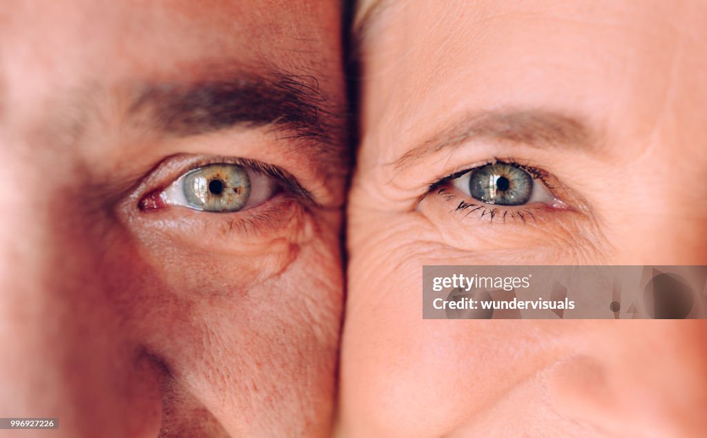 Close-up de rostos de homem e mulher maduros com olhos verdes