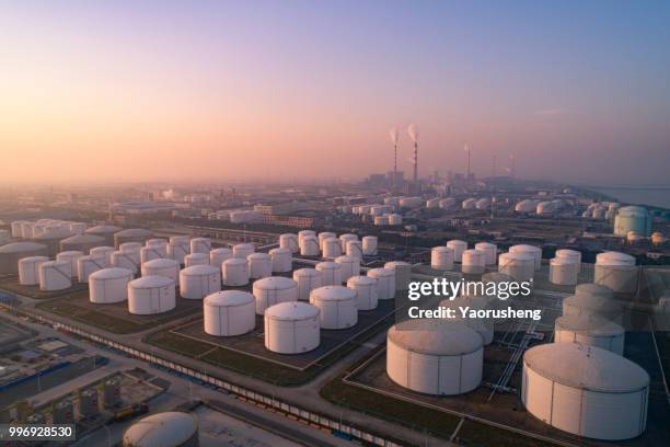 aerial view of petrol industrial zone,oil strage tank - storage compartment ストックフォトと画像