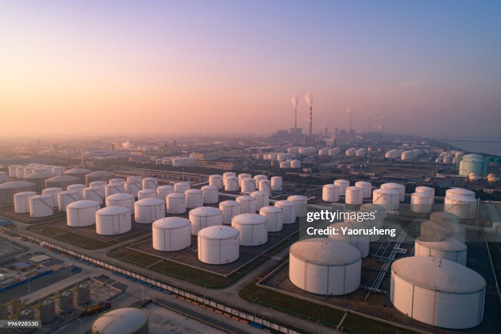 Aerial view of petrol industrial zone,oil strage tank