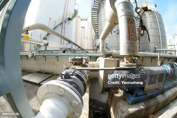 fisheye lens shot of  pipes at refiney plant - yaorusheng stock pictures, royalty-free photos & images