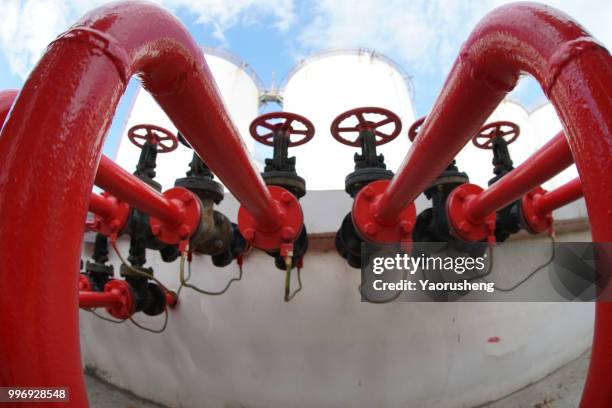 red pipe  and valve at a lubricant blending plant,china - yaorusheng stock pictures, royalty-free photos & images