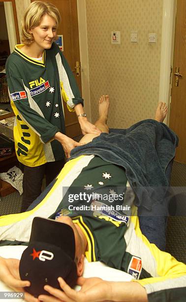 Bec Lauder, newly arrived masseuse for the Australian team works on Mark Waugh, in the Village Hotel, Nottingham, England. DIGITAL IMAGE Mandatory...