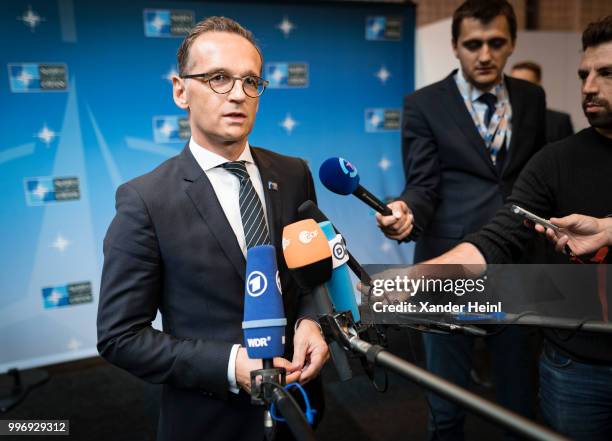 German Minister of Foreign Affairs Heiko Maas talks to the press on the first day of the North Atlantic Treaty Organization summit in Brussels on...