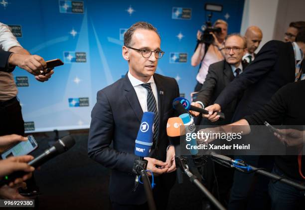 German Minister of Foreign Affairs Heiko Maas talks to the press on the first day of the North Atlantic Treaty Organization summit in Brussels on...