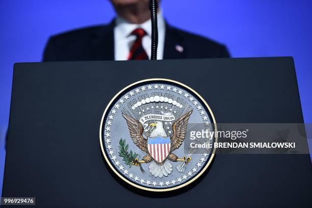 President Donald Trump addresses a press conference on the second day of the North Atlantic Treaty Organization summit in Brussels on July 12, 2018.