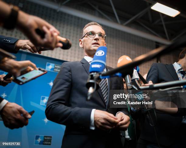 German Minister of Foreign Affairs Heiko Maas talks to the press on the first day of the North Atlantic Treaty Organization summit in Brussels on...