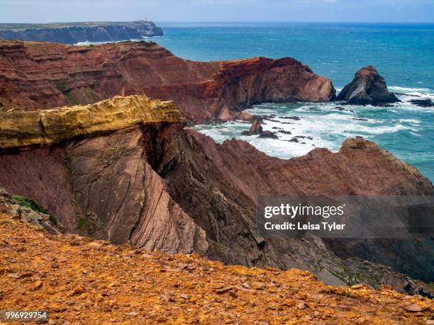 Multi coloured rocks on the rugged, windswept coastline of Cape St. Vincent, Portugal's most south westerly point. The area is part of the Southwest...
