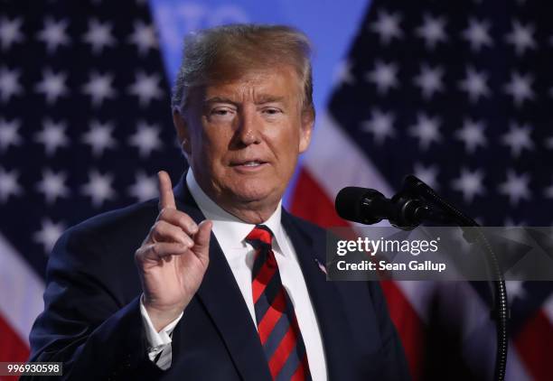 President Donald Trump speaks to the media at a press conference on the second day of the 2018 NATO Summit on July 12, 2018 in Brussels, Belgium....