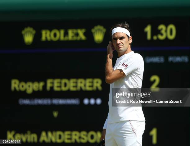 Roger Federer during his defeat by Kevin Anderson in their Men's Quarter Final match at All England Lawn Tennis and Croquet Club on July 11, 2018 in...