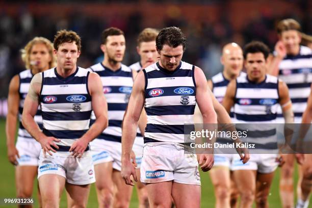 Patrick Dangerfield of the Cats walks from the field at half time during the round 17 AFL match between the Adelaide Crows and the Geelong Cats at...