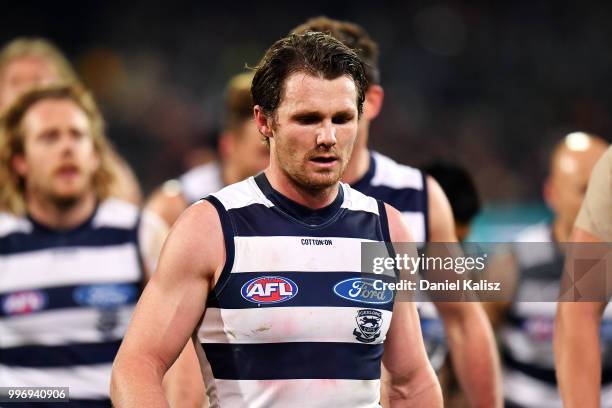 Patrick Dangerfield of the Cats walks from the field at half time during the round 17 AFL match between the Adelaide Crows and the Geelong Cats at...