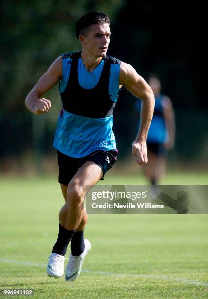 Jack Grealish of Aston Villa in action during an Aston Villa training session at the club's training camp on July 12, 2018 in Faro, Portugal.