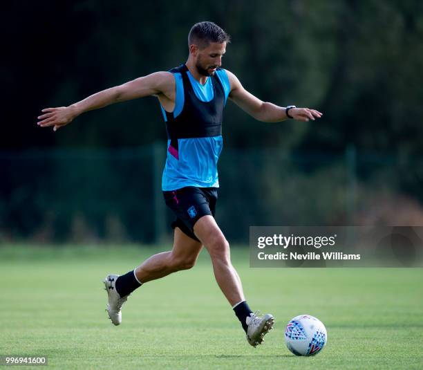 Conor Hourihane of Aston Villa in action during an Aston Villa training session at the club's training camp on July 12, 2018 in Faro, Portugal.