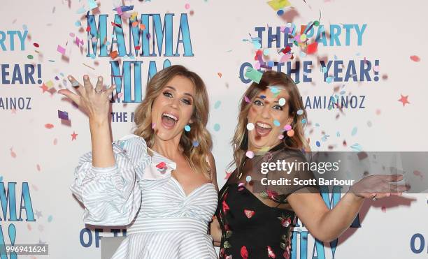 Georgia Love and and Emma Crawford attend opening night of Mamma Mia! The Musical at Princess Theatre on July 12, 2018 in Melbourne, Australia.