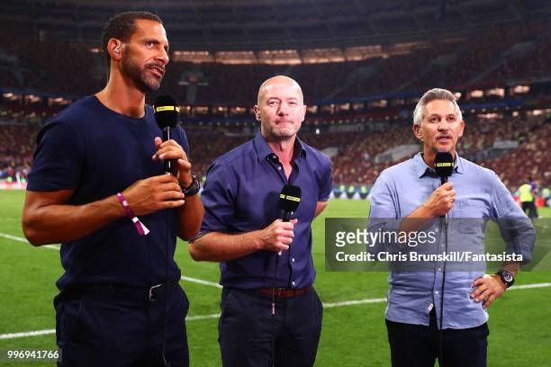 Rio Ferdinand, Alan Shearer and Gary Lineker look on following the 2018 FIFA World Cup Russia Semi Final match between England and Croatia at...