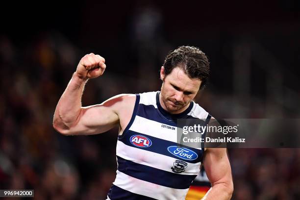 Patrick Dangerfield of the Cats celebrates after kicking a goal during the round 17 AFL match between the Adelaide Crows and the Geelong Cats at...