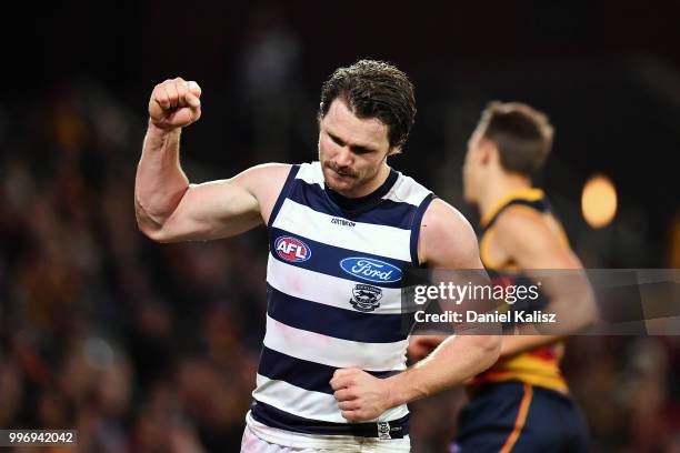 Patrick Dangerfield of the Cats celebrates after kicking a goal during the round 17 AFL match between the Adelaide Crows and the Geelong Cats at...