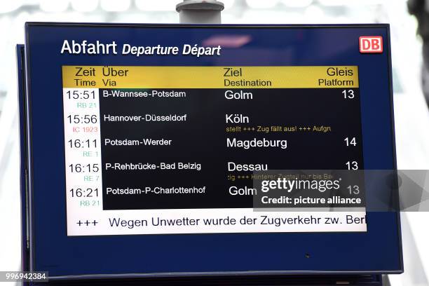 'Zug faellt aus' can be seen on a display board at the central station in Berlin, Germany, 5 October 2017. Due to storm Xavier, the local railway had...