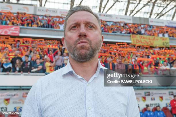 Picture taken on May 20, 2018 shows newly-appointed coach of Polish national football team, Jerzy Brzeczek attending a match between Jagiellonia...