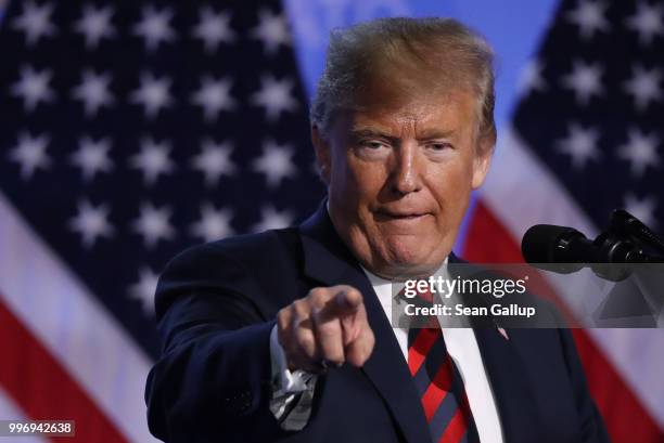 President Donald Trump speaks to the media at a press conference on the second day of the 2018 NATO Summit on July 12, 2018 in Brussels, Belgium....