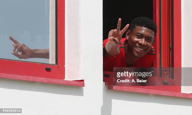 David Alaba of FC Bayern Muenchen gestures during a training session at the club's Saebener Strasse training ground on July 12, 2018 in Munich,...