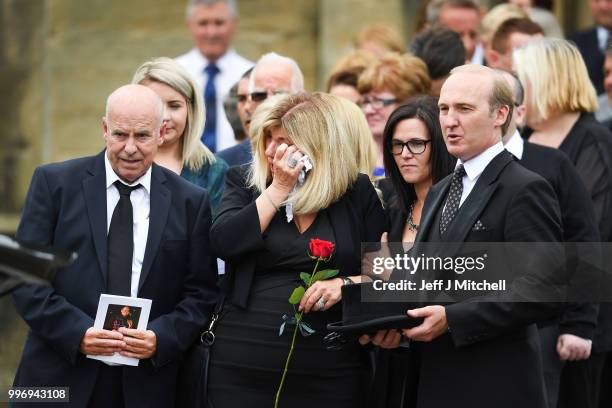 Eileen Rankin the wife of Bay City Roller guitarist Alan Longmuir attends his funeral at Allan Church on July 12, 2018 in Bannockburn, Scotland. The...