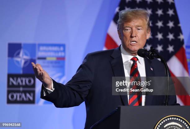 President Donald Trump speaks to the media at a press conference on the second day of the 2018 NATO Summit on July 12, 2018 in Brussels, Belgium....
