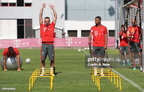 Javi Martinez, Franck Ribery, Serge Gnabry, Juan Bernat and Arjen Robben of FC Bayern Muenchen practice during a training session at the club's...