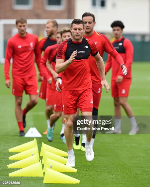 James Milner of Liverpool during a training session at Melwood Training Ground on July 12, 2018 in Liverpool, England.