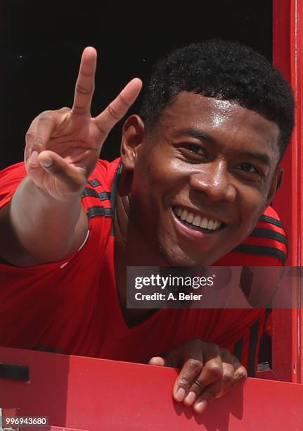 David Alaba of FC Bayern Muenchen gestures during a training session at the club's Saebener Strasse training ground on July 12, 2018 in Munich,...