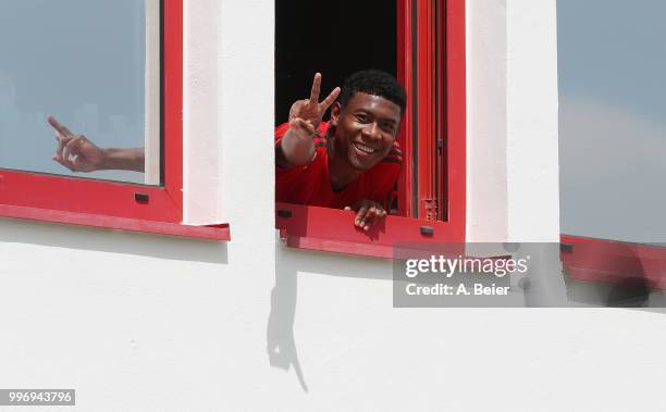 David Alaba of FC Bayern Muenchen gestures during a training session at the club's Saebener Strasse training ground on July 12, 2018 in Munich,...