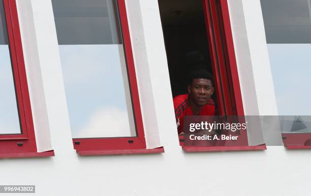 David Alaba of FC Bayern Muenchen gestures during a training session at the club's Saebener Strasse training ground on July 12, 2018 in Munich,...