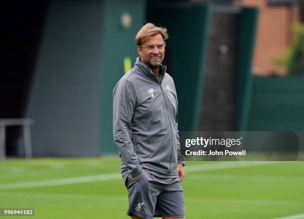 Jurgen Klopp manager of Liverpool during a training session at Melwood Training Ground on July 12, 2018 in Liverpool, England.