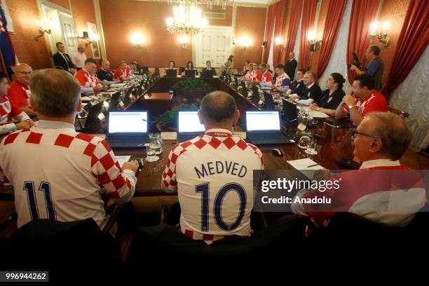 Prime Minister of Croatia Andrej Plenkovic and ministers in the cabinet attend a meeting in soccer team jerseys to mark Croatia National Football...